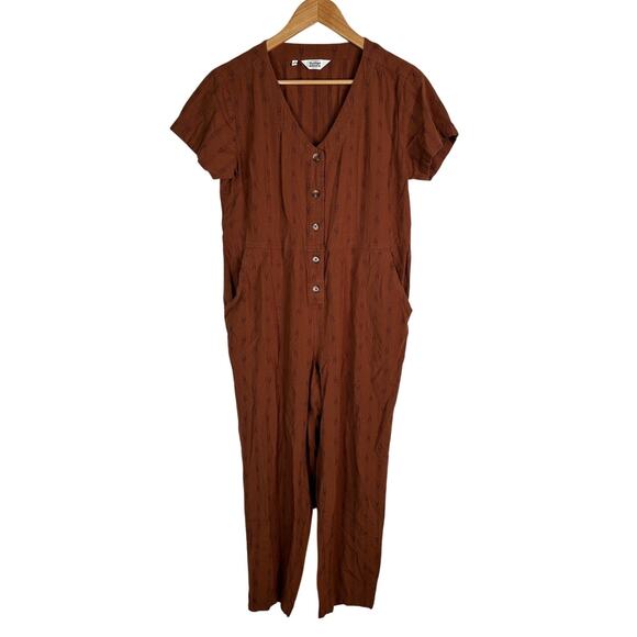 Bridge & Burn S Milo Jumpsuit Organic Cotton Coveralls Dobby Stripe Rust Brown - Picture 2 of 10